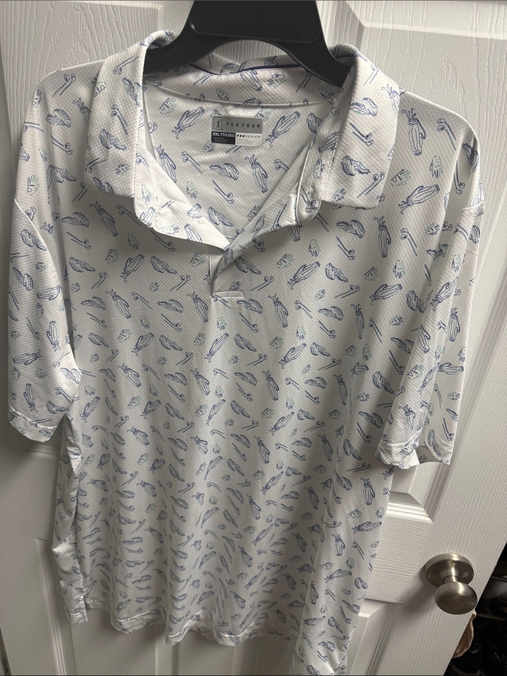PGA Tour Men’s White Polo with Blue Golf Print